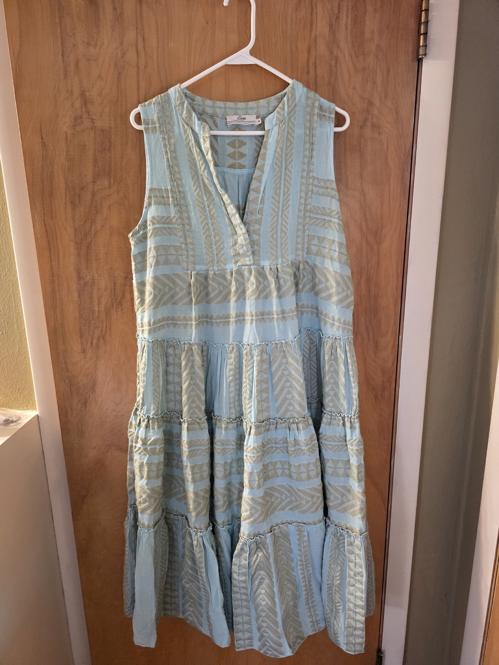 Devotion Twins Medium Cotton sleeveless blue patterned tiered midi dress